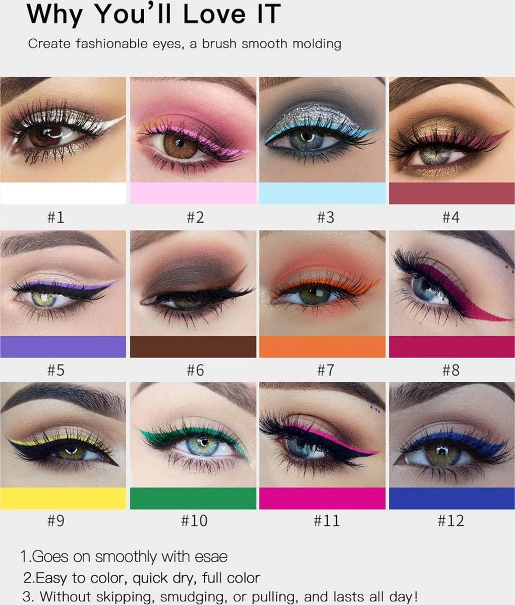 HANDAIYAN® | Liquid Eyeliner | Set Van 12 Kleuren | Gekleurde Eyeliner Set | Make Up | Waterproof | Langhoudend - Afbeelding 3