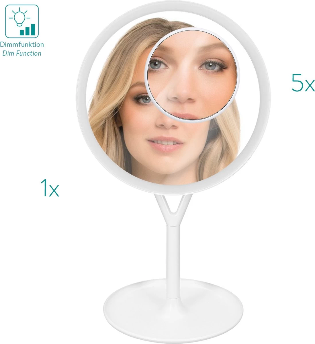 Navaris Make-up Spiegel Met Verlichting - Inclusief Kleinere Handspiegel Met 5x Vergroting - LED-verlichting Met Dim-functie - Wit - Afbeelding 6