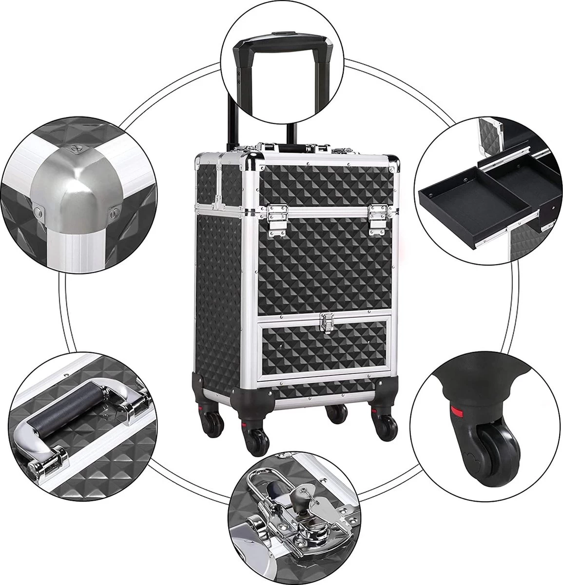 Monkey's Aluminium Kapperskoffer - Zwart - Beauty Case - Cosmeticakoffer - Make-upkoffer - Trolley - 360 Graden Wielen - 34 X 24 X 55.5 Cm - Afbeelding 4