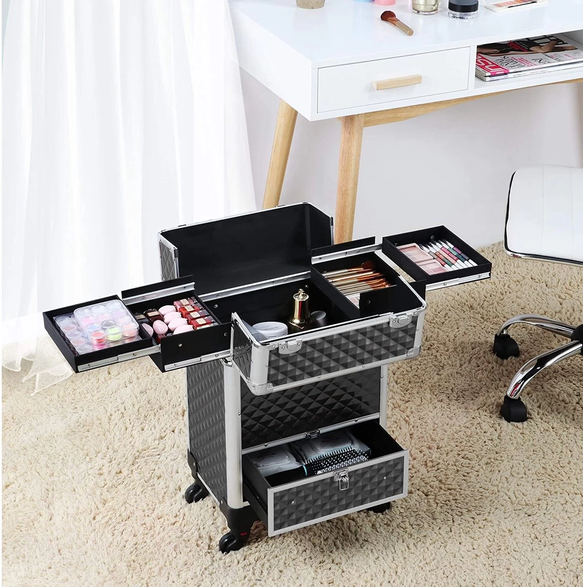 Monkey's Aluminium Kapperskoffer - Zwart - Beauty Case - Cosmeticakoffer - Make-upkoffer - Trolley - 360 Graden Wielen - 34 X 24 X 55.5 Cm - Afbeelding 2