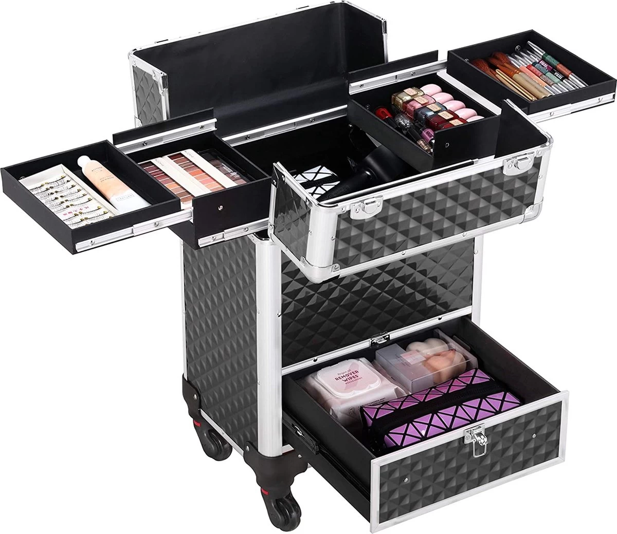 Monkey's Aluminium Kapperskoffer - Zwart - Beauty Case - Cosmeticakoffer - Make-upkoffer - Trolley - 360 Graden Wielen - 34 X 24 X 55.5 Cm - Afbeelding 9