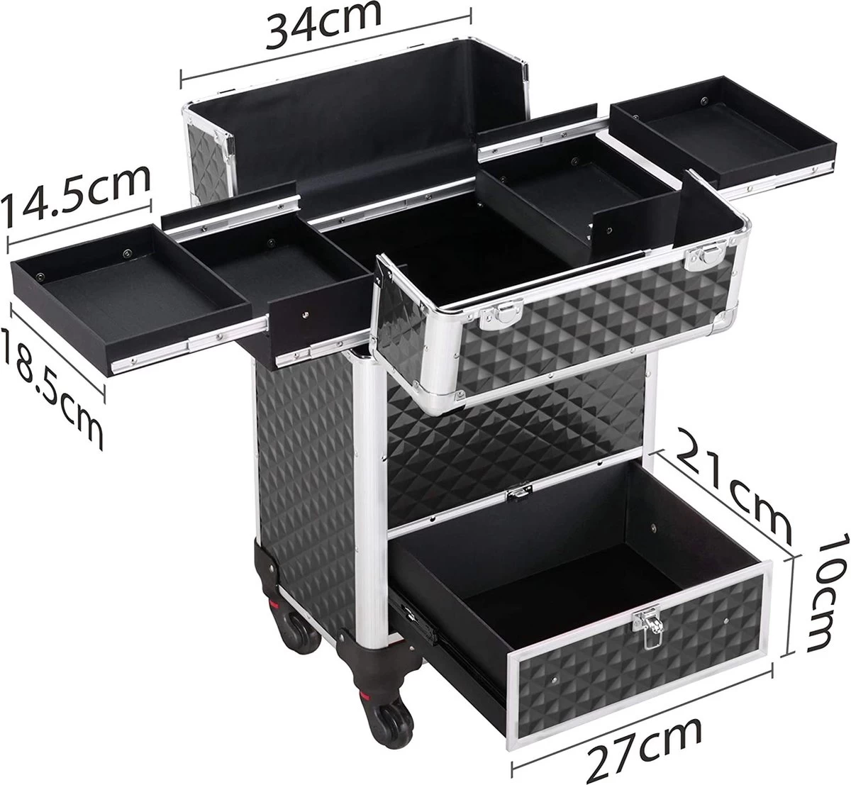 Monkey's Aluminium Kapperskoffer - Zwart - Beauty Case - Cosmeticakoffer - Make-upkoffer - Trolley - 360 Graden Wielen - 34 X 24 X 55.5 Cm - Afbeelding 8