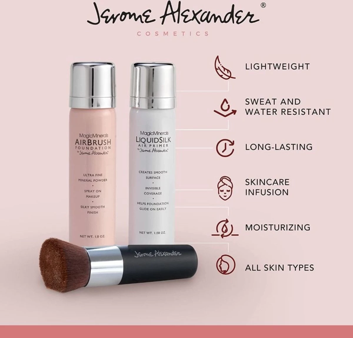 Magic Minerals AirBrush Foundation 3-delige Set By Jerome Alexander – Warm/Beige – Foundation En LiquidSilk Airbrush Primer Kit – Met Gratis Kabuki Kwast - Make-up Met Een Natuurlijke Dekking - Afbeelding 7