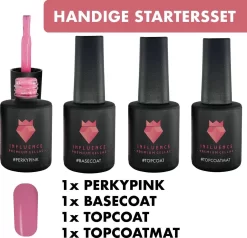 Merkloos #PERKYPINKSERIE - Influence Gellac - Roze Gellak - Gellak Roze UV - UV Gellak - Gel Nagellak - Basecoat - Topcoat - Topcoatmat - No Wipe - Startersset - Kado Vrouw - Valentijns Cadeau - Kado Voor Haar - 4 X 10 Ml