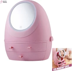 Make Up Organizer Met Make Up Spiegel En Led Verlichting | Usb Opladen Make-Up Tool Organizer Cosmetische Opbergdoos Draagbare Lade Led Spiegel Make-Up Tool Kits Opbergrek Maquillage | Make Up Spiegel Met Verlichting | Make Up Organizer Lades - Roze
