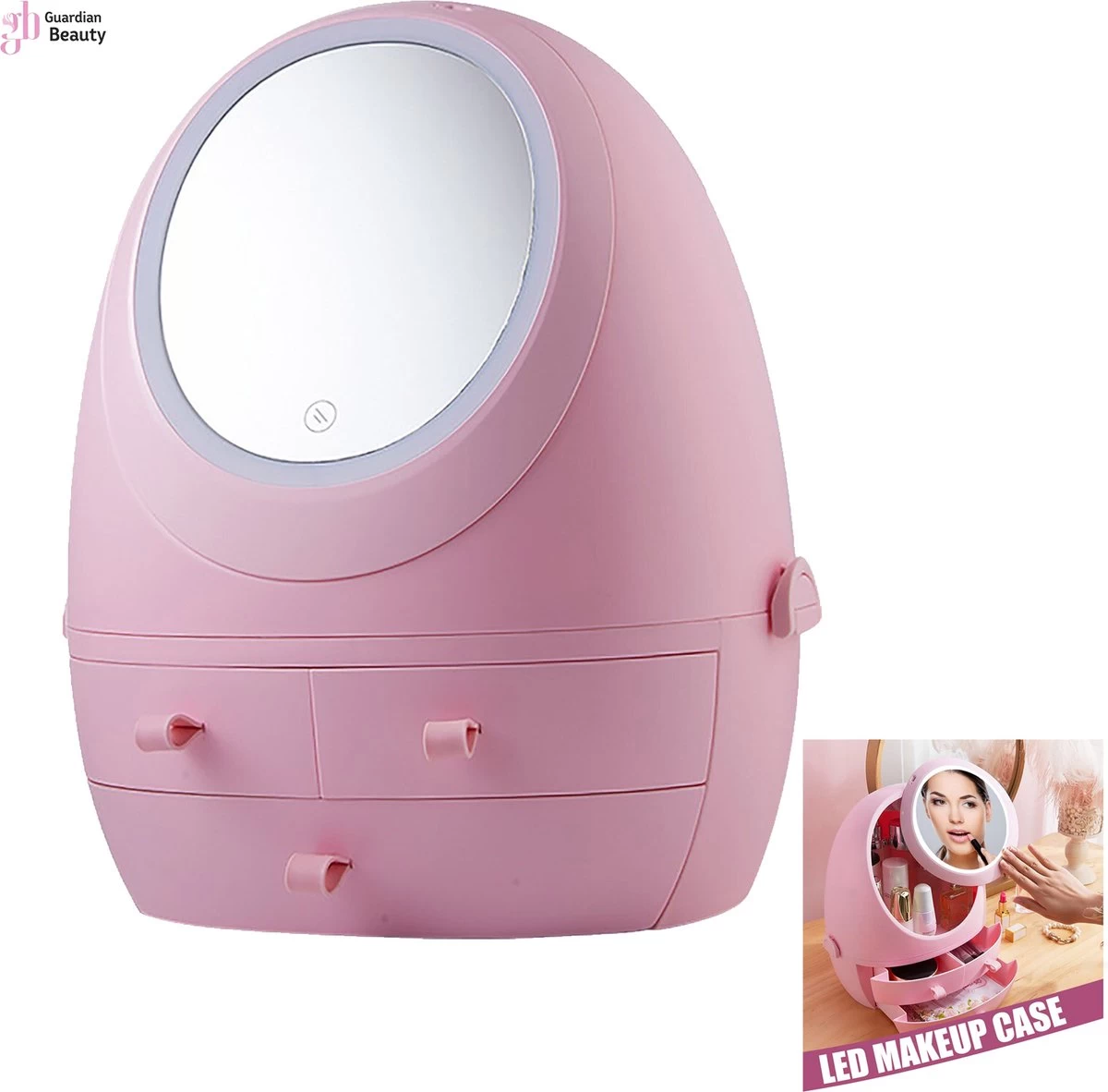 Make Up Organizer Met Make Up Spiegel En Led Verlichting | Usb Opladen Make-Up Tool Organizer Cosmetische Opbergdoos Draagbare Lade Led Spiegel Make-Up Tool Kits Opbergrek Maquillage | Make Up Spiegel Met Verlichting | Make Up Organizer Lades - Roze
