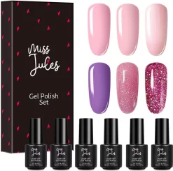 Miss Jules - 6-Delige Gellak Starterspakket - Nagellak - Kleur Paars, Roze & Glitter - Glanzend & Dekkend Resultaat