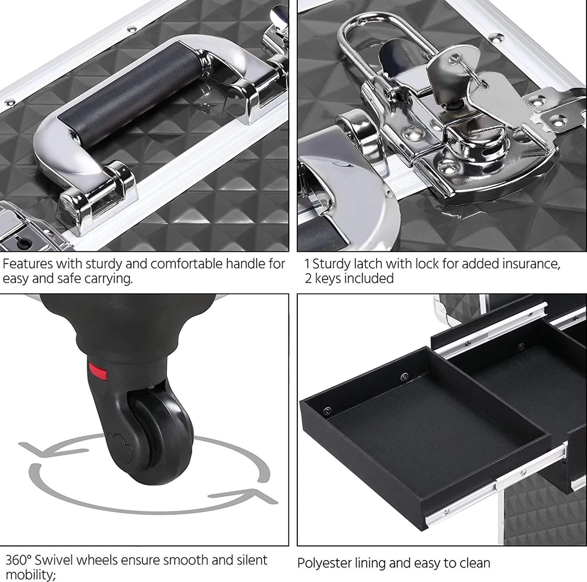 Monkey's Aluminium Kapperskoffer - Zwart - Beauty Case - Cosmeticakoffer - Make-upkoffer - Trolley - 360 Graden Wielen - 34 X 24 X 55.5 Cm - Afbeelding 3