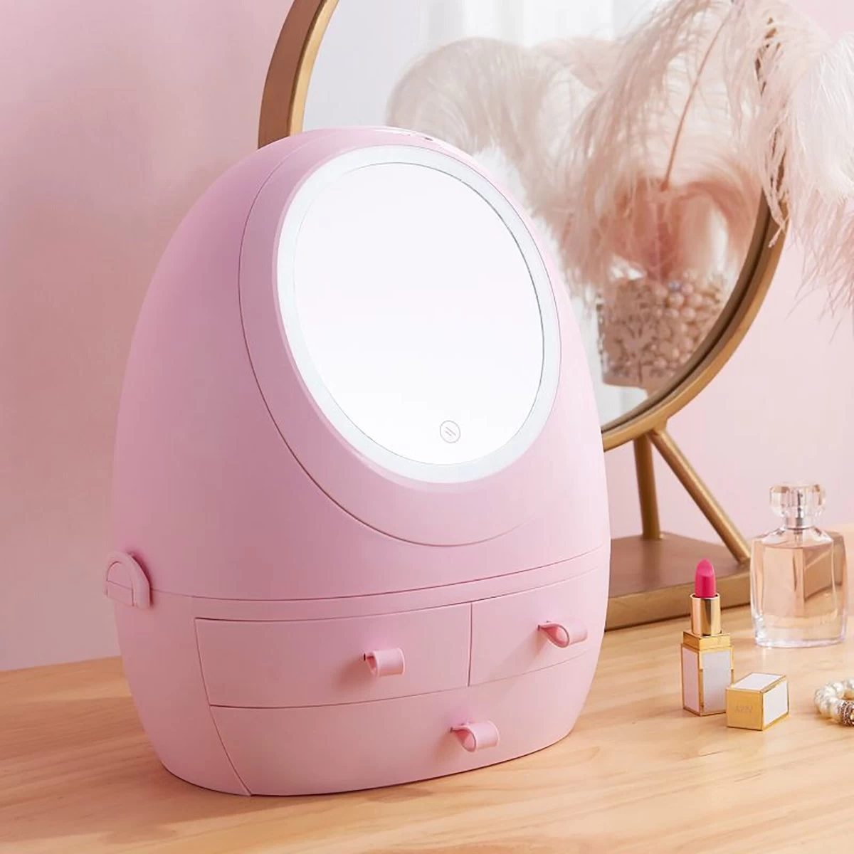 Make Up Organizer Met Make Up Spiegel En Led Verlichting | Usb Opladen Make-Up Tool Organizer Cosmetische Opbergdoos Draagbare Lade Led Spiegel Make-Up Tool Kits Opbergrek Maquillage | Make Up Spiegel Met Verlichting | Make Up Organizer Lades - Roze - Afbeelding 4