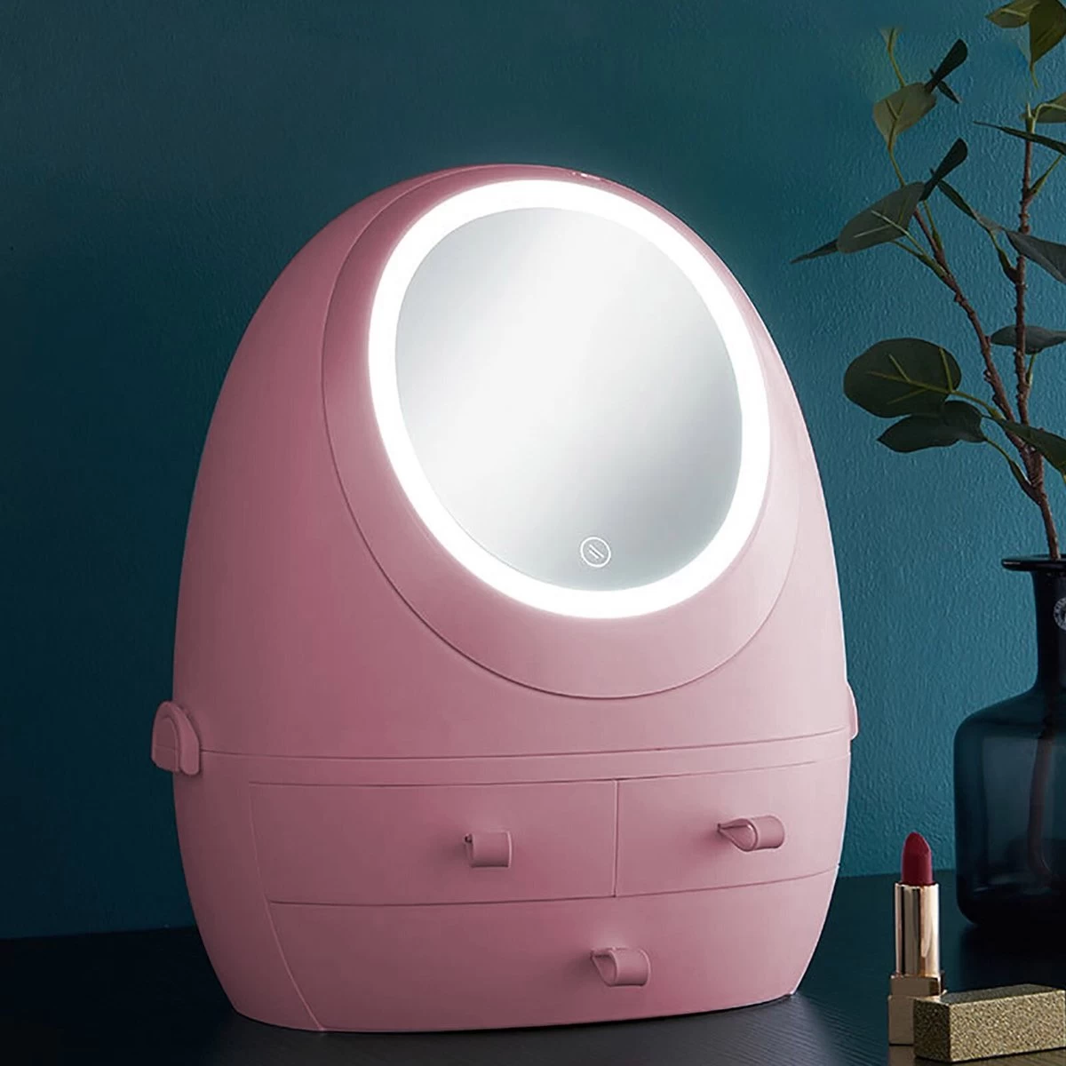 Make Up Organizer Met Make Up Spiegel En Led Verlichting | Usb Opladen Make-Up Tool Organizer Cosmetische Opbergdoos Draagbare Lade Led Spiegel Make-Up Tool Kits Opbergrek Maquillage | Make Up Spiegel Met Verlichting | Make Up Organizer Lades - Roze - Afbeelding 5