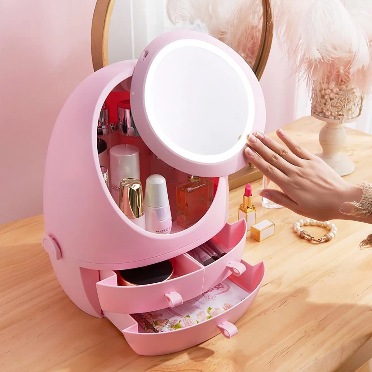 Make Up Organizer Met Make Up Spiegel En Led Verlichting | Usb Opladen Make-Up Tool Organizer Cosmetische Opbergdoos Draagbare Lade Led Spiegel Make-Up Tool Kits Opbergrek Maquillage | Make Up Spiegel Met Verlichting | Make Up Organizer Lades - Roze - Afbeelding 6