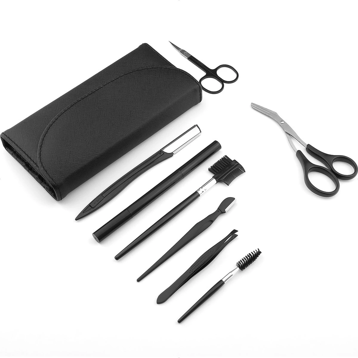 Wenkbrauw Trimmer Set - 8-delig – Met Epileer Pincet, 2x Wenkbrauw Schaartje, 2x Wenkbrauwmesje, Wenkbrauw Borstel, Wenkbrauwpotlood, Spoolie – In Stevige Etui - Zwart - Afbeelding 10