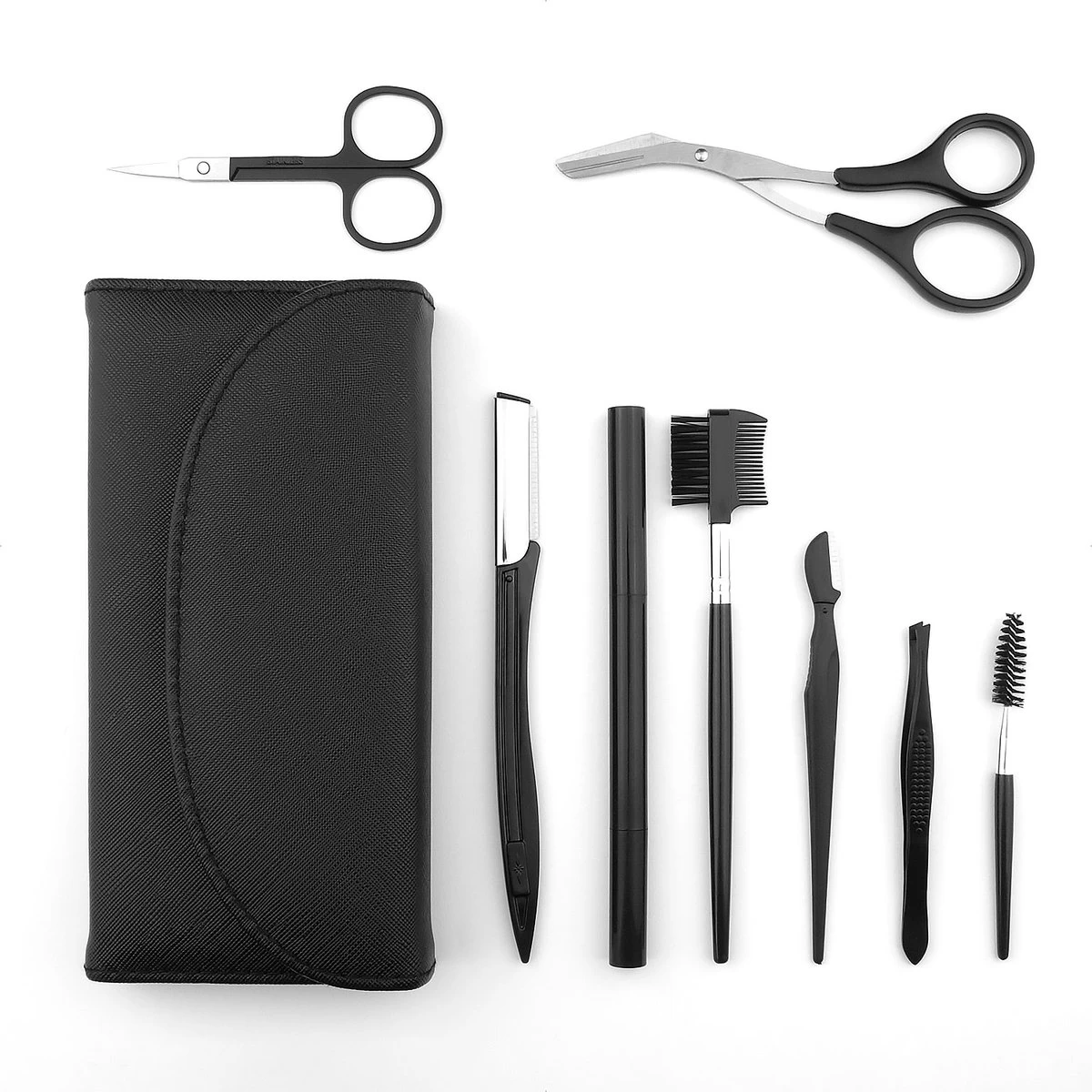 Wenkbrauw Trimmer Set - 8-delig – Met Epileer Pincet, 2x Wenkbrauw Schaartje, 2x Wenkbrauwmesje, Wenkbrauw Borstel, Wenkbrauwpotlood, Spoolie – In Stevige Etui - Zwart - Afbeelding 11