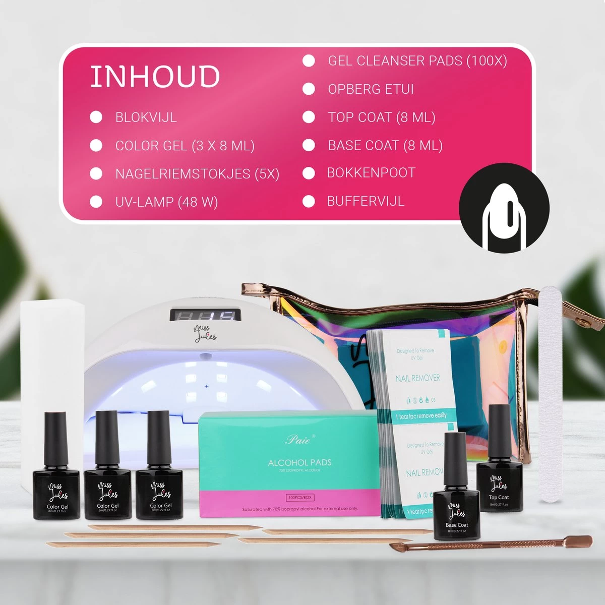 Miss Jules - Complete Gellak Starterspakket - Kleur Nude Roze Glitter - Glanzend & Dekkend Resultaat - Inclusief UV/LED Lamp & Instructievideo (NL) - Afbeelding 4