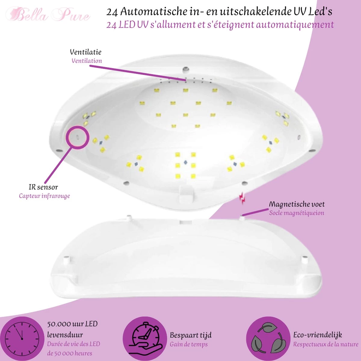 Bella Pure 48W Nageldroger - Vinger- En Teennagels - Bewegingssensor En Timer - 24 LED's - Afbeelding 2
