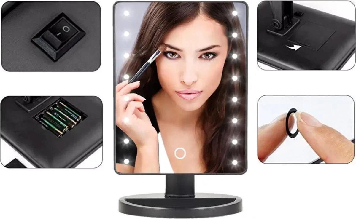 Make-Up Spiegel - LED Verlichting - Zwart - Cosmetica Spiegel - Scheerspiegel - Afbeelding 3