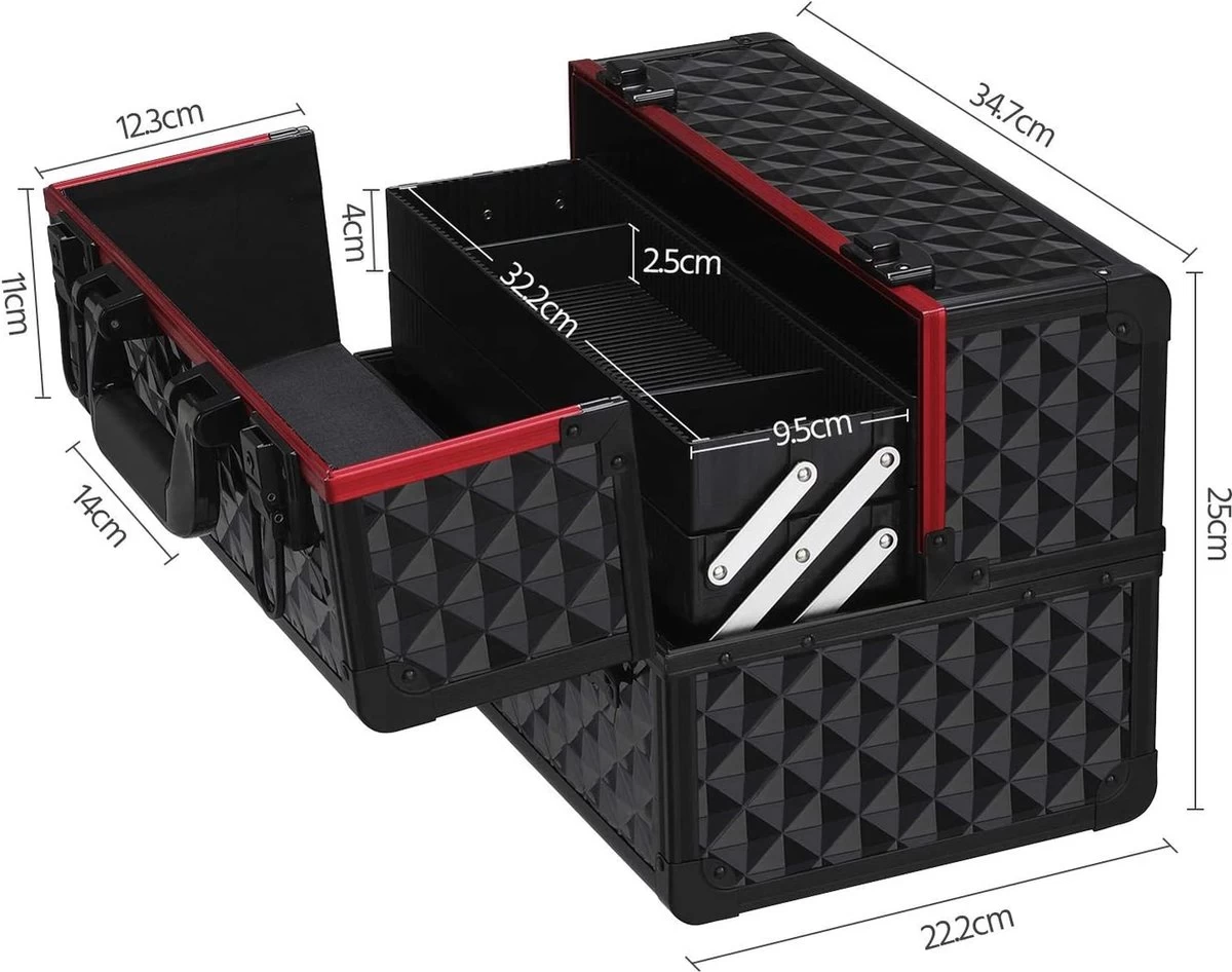 Make-upkoffer, Kapperskoffer, Cosmeticakoffer, Lege Nagelkoffer, Multikoffer, Afsluitbaar Voor Nageldesign/massageolie/fotoapparatuur, 34,7 X 22,2 X 25 Cm , Volledig Zwart HM-YAHEE-411233 - Afbeelding 7