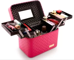 A&K Make Up Koffer | Uitklapbaar | 5 Opbergbakken | Reis Travel Case | Met Spiegel | Roze