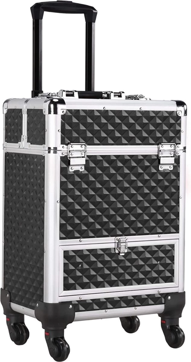 Monkey's Aluminium Kapperskoffer - Zwart - Beauty Case - Cosmeticakoffer - Make-upkoffer - Trolley - 360 Graden Wielen - 34 X 24 X 55.5 Cm