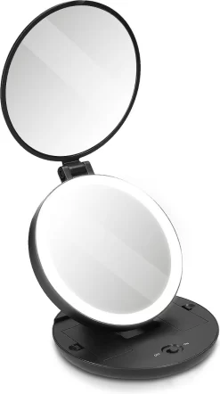 Navaris 1x/5x Vergrotende Make-up Spiegel - Compacte Opvouwbare Kap- En Reisspiegel - Led-verlichte Dubbelzijdige Make-upspiegel - Zwart