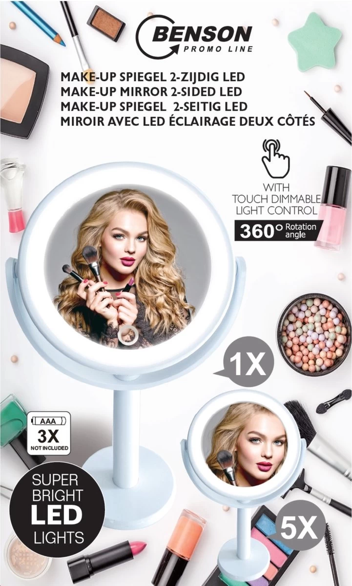 Benson Make Up Spiegel Met LED Ring - Cosmetische Spiegels Met Touch Dimmer - 2 Zijde - Afbeelding 5