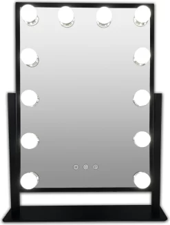 Zwarte Make-up Hollywood LED Spiegel, 12x Dimbare LED Bulbs. 3 Kleuren Licht