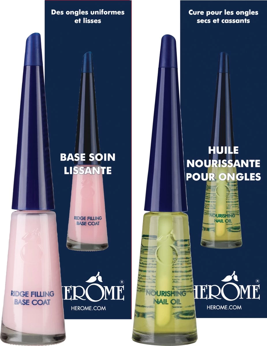 Herome Combi-Pack Voedende Nagelolie & Ridge Filling Base Coat (Nourishing Nail Oil & Ridge Filling Base Coat) - Herstelt Nagels, Maakt De Nagels Veerkrachtig & Vult Oneffenheden Op. Maakt De Nagel Egaal En Glad - 2*10ml.